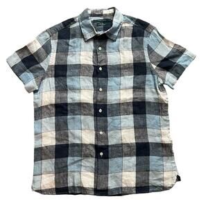 Perry Ellis Linen Blue Plaid Short Sleeve Button Down Shirt- Size M
